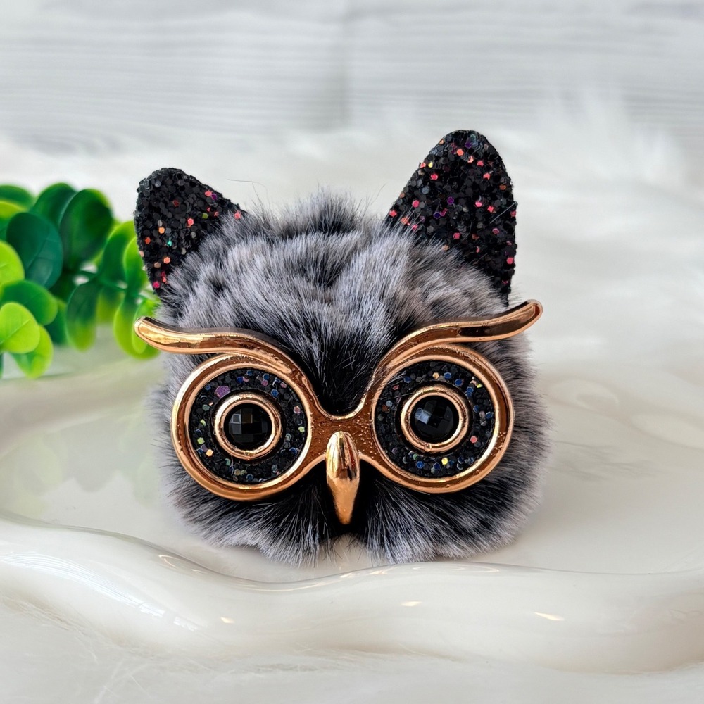 Fluffy Owl Pom Pom Keychain/Bag Charm Rose Gold Glitter Accents